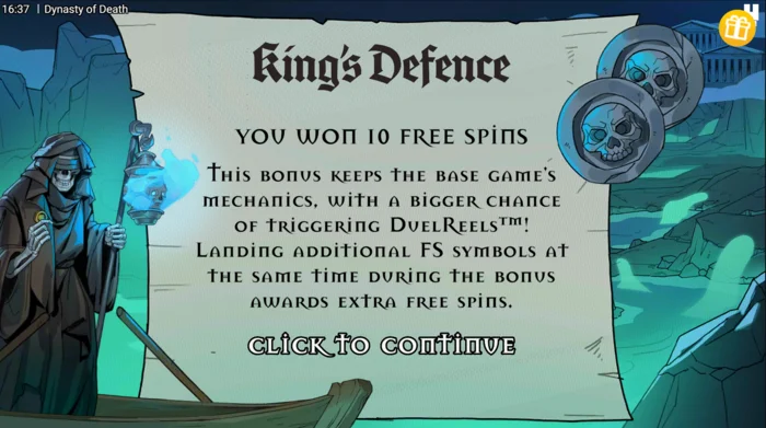 Dynasty of Death - Free spin King's Defence dimulai